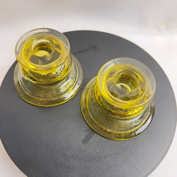 Indiana Glass 1970s Madrid Style Yellow Glass Vintage Candlestick Holders Pair - Picture 6 of 12
